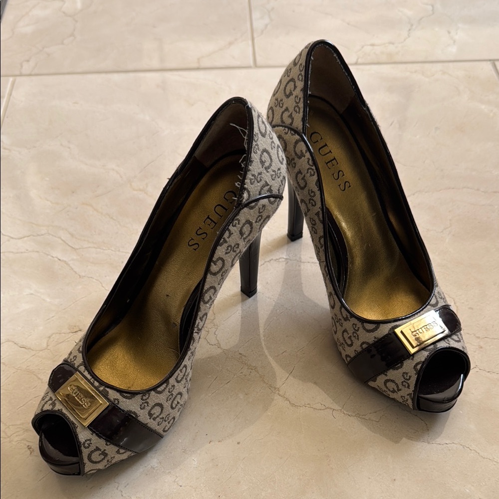 Guess Brown and Cream Peep Toe Heels